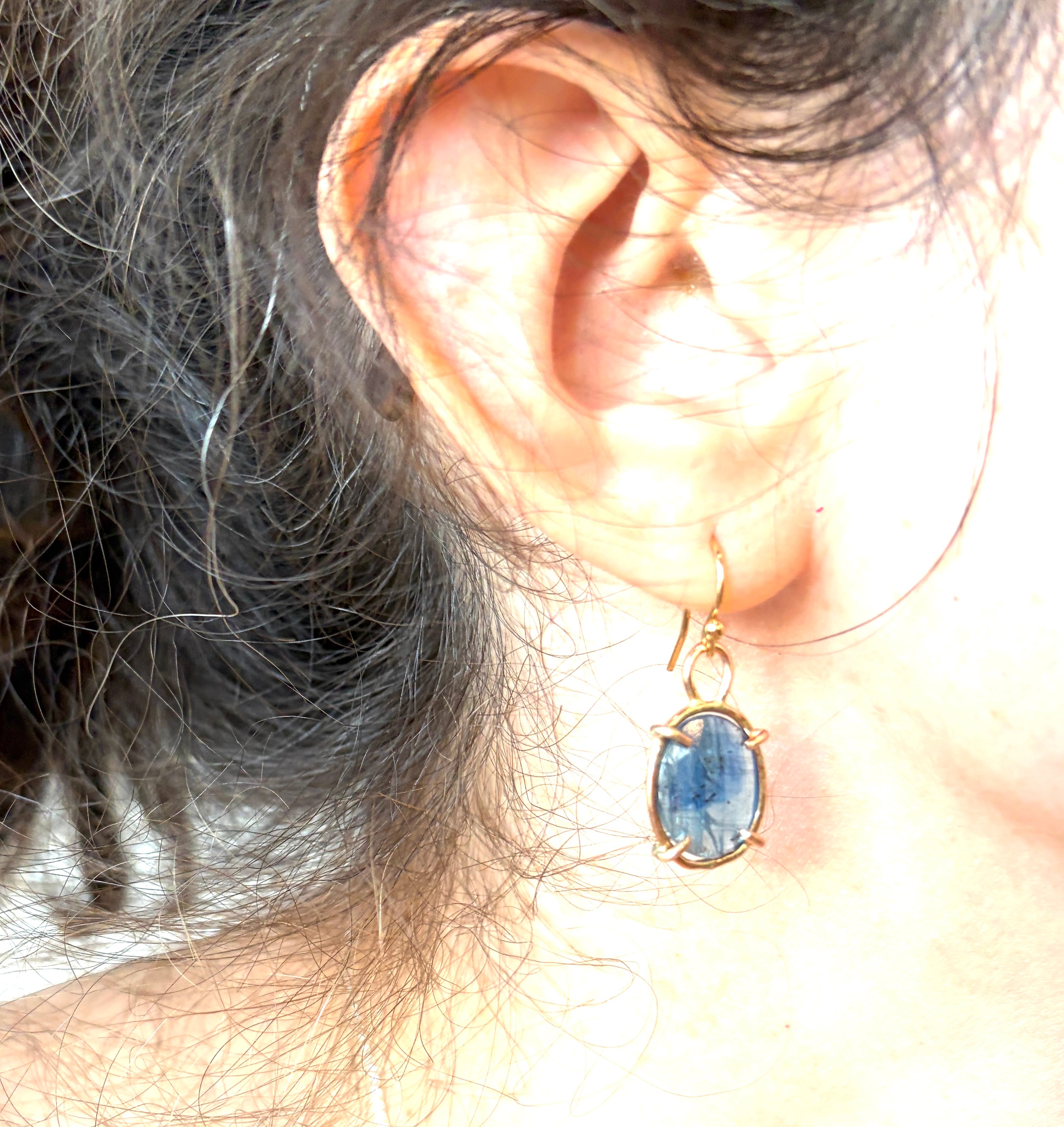 Striped Blue Kyanite Rosecut Dangle earrings in Open 14k Goldfilled Prongs