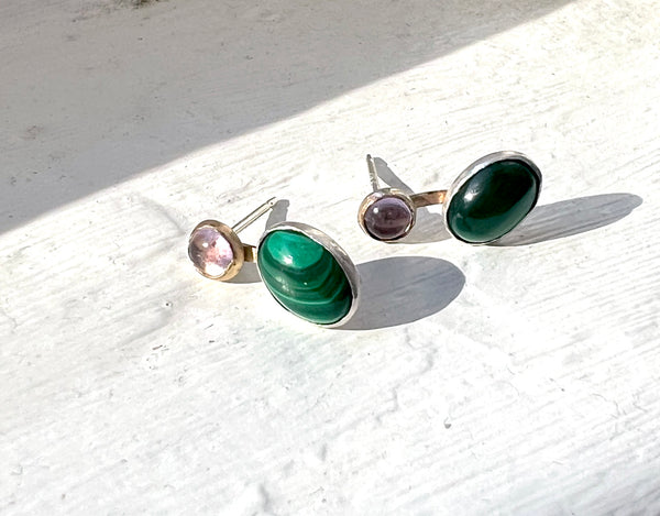 Malachite and Amethyst Abstract Sculptural studs