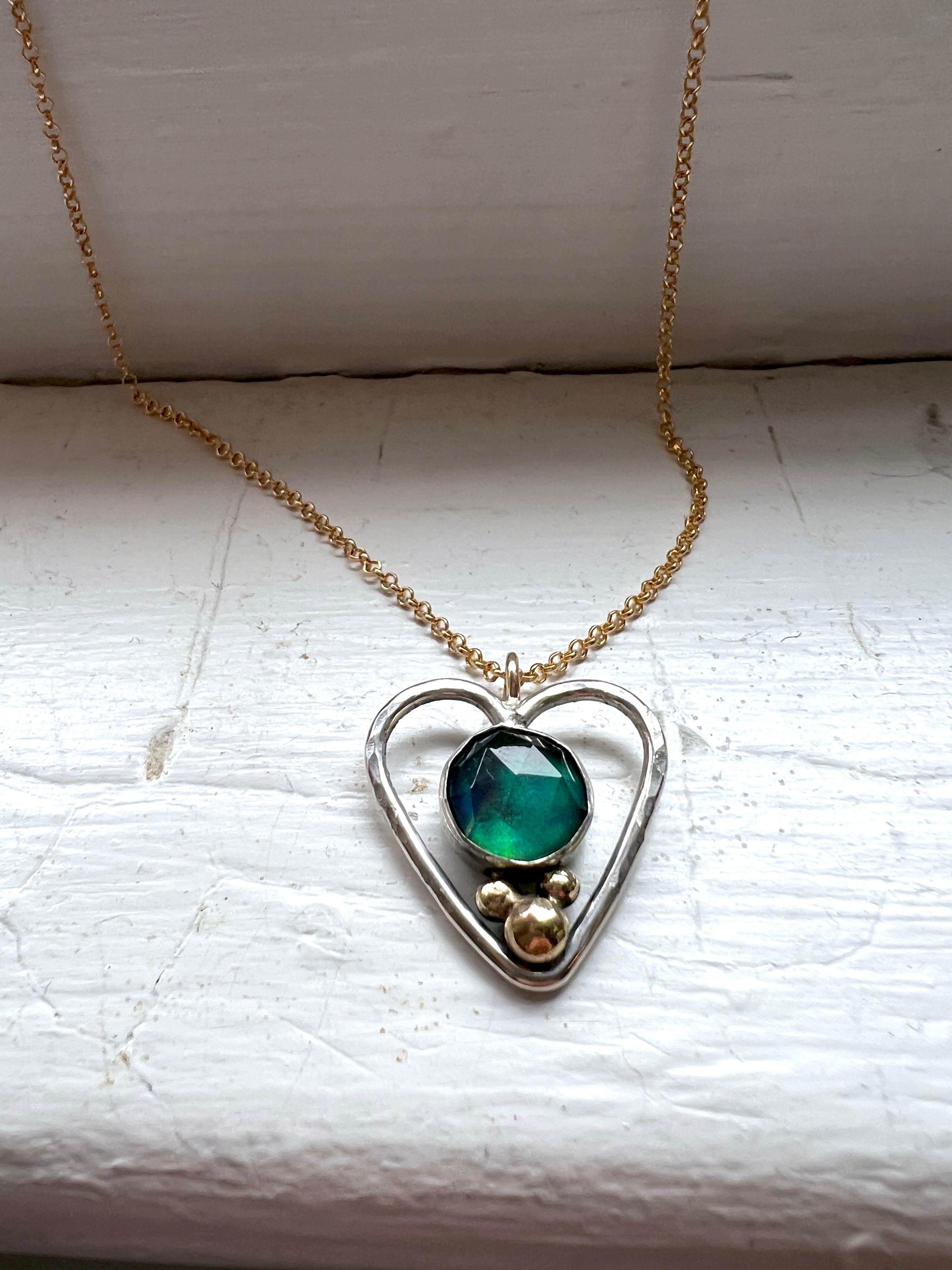 Queen Heart Pendant in 14k Gold and Sterling Silver with Blue Green Aurora Opal