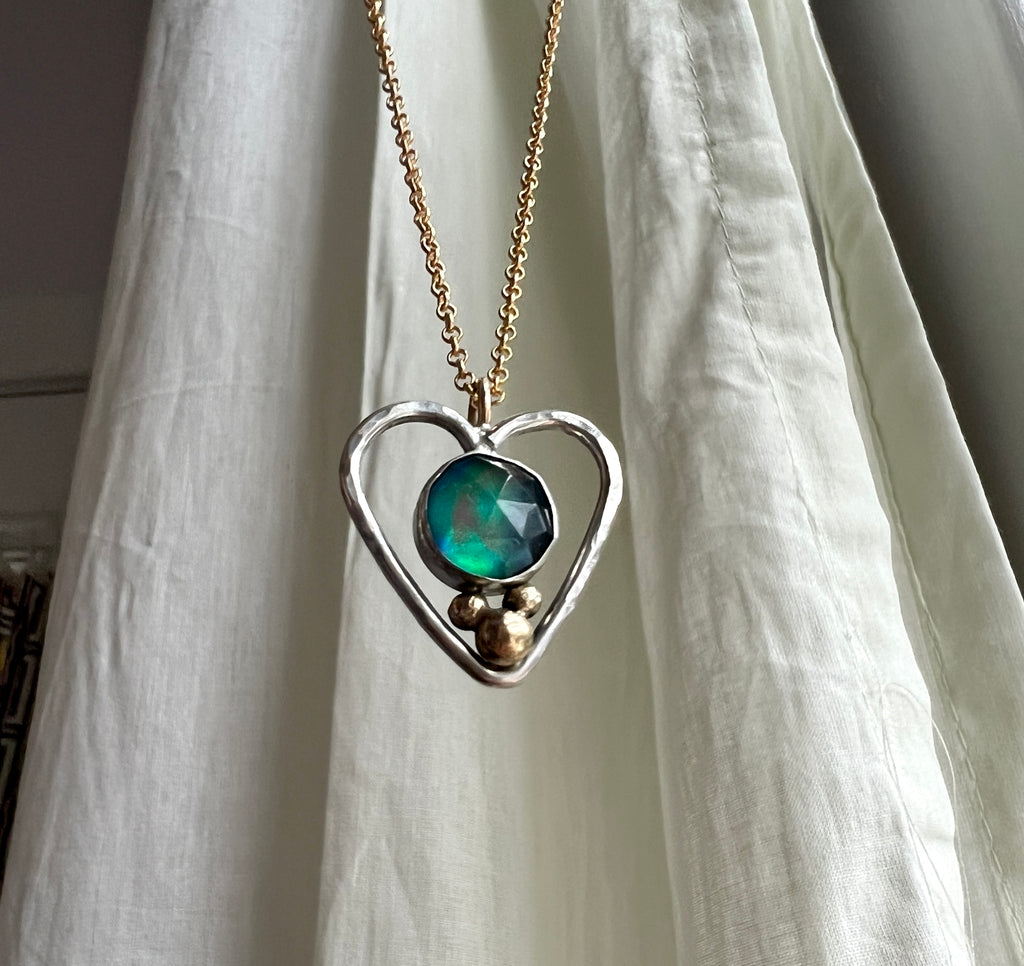 Queen Heart Pendant in 14k Gold and Sterling Silver with Blue Green Aurora Opal