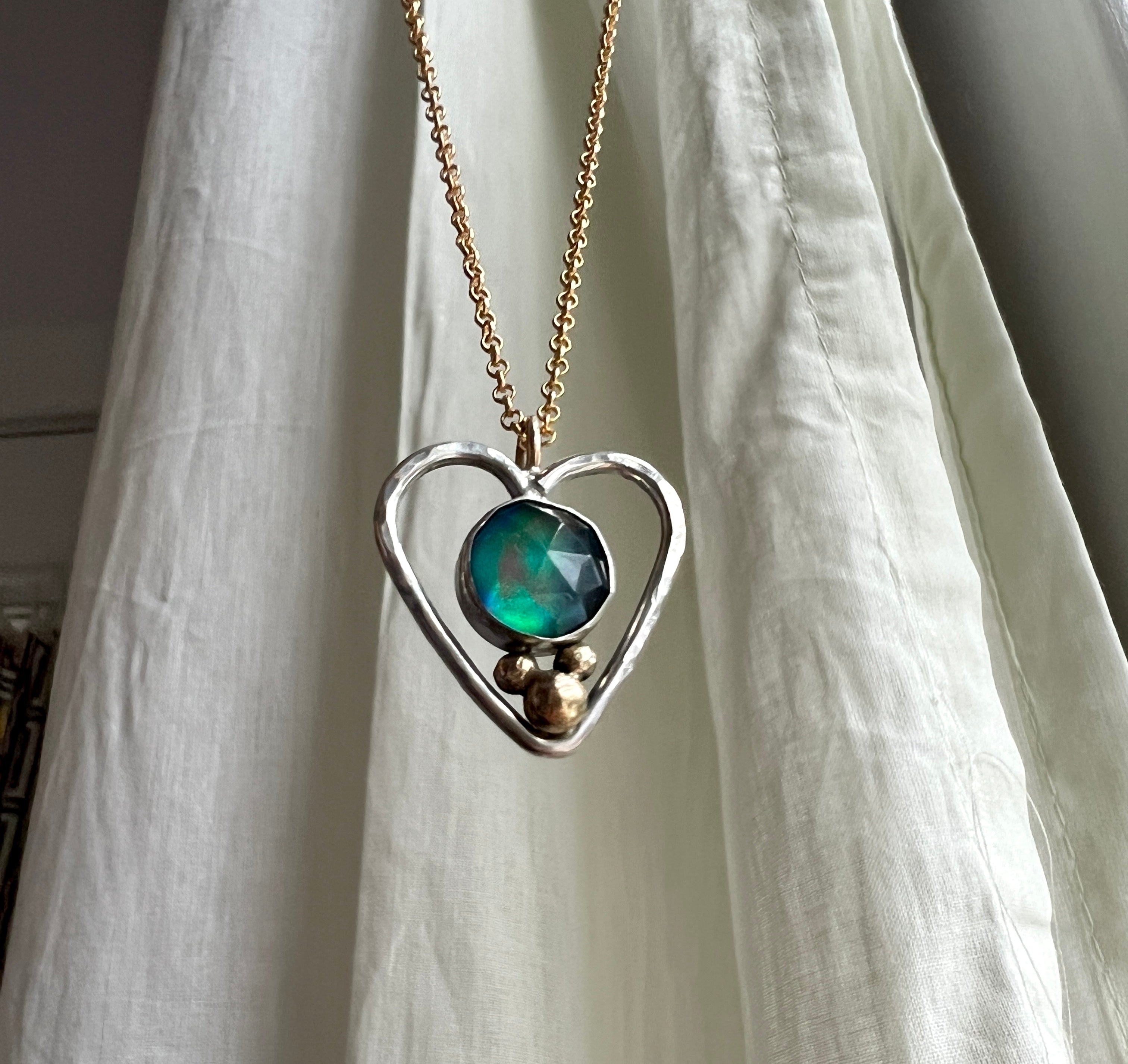 Queen Heart Pendant in 14k Gold and Sterling Silver with Blue Green Aurora Opal