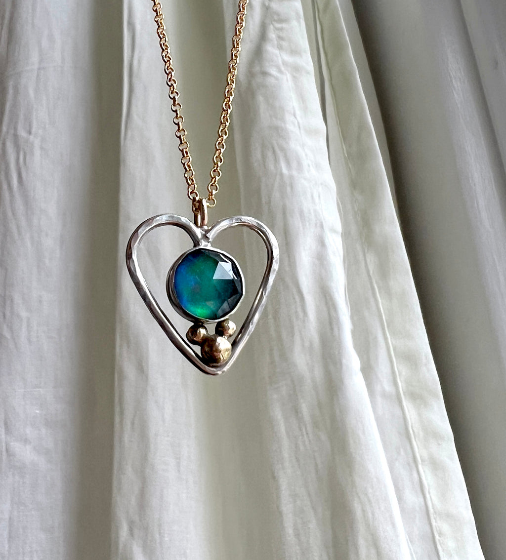 Queen Heart Pendant in 14k Gold and Sterling Silver with Blue Green Aurora Opal