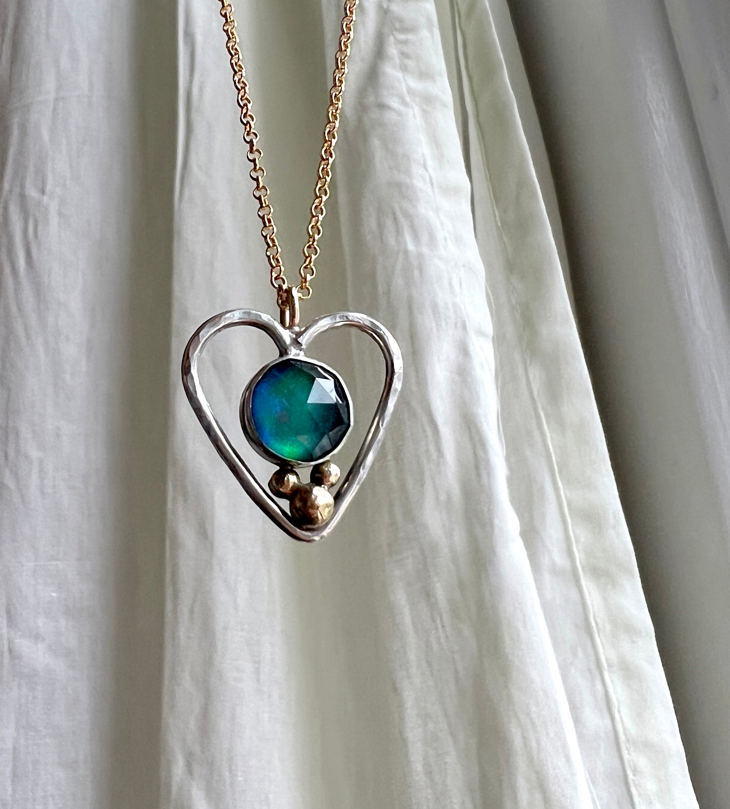 Queen Heart Pendant in 14k Gold and Sterling Silver with Blue Green Aurora Opal