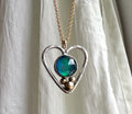 Queen Heart Pendant in 14k Gold and Sterling Silver with Blue Green Aurora Opal