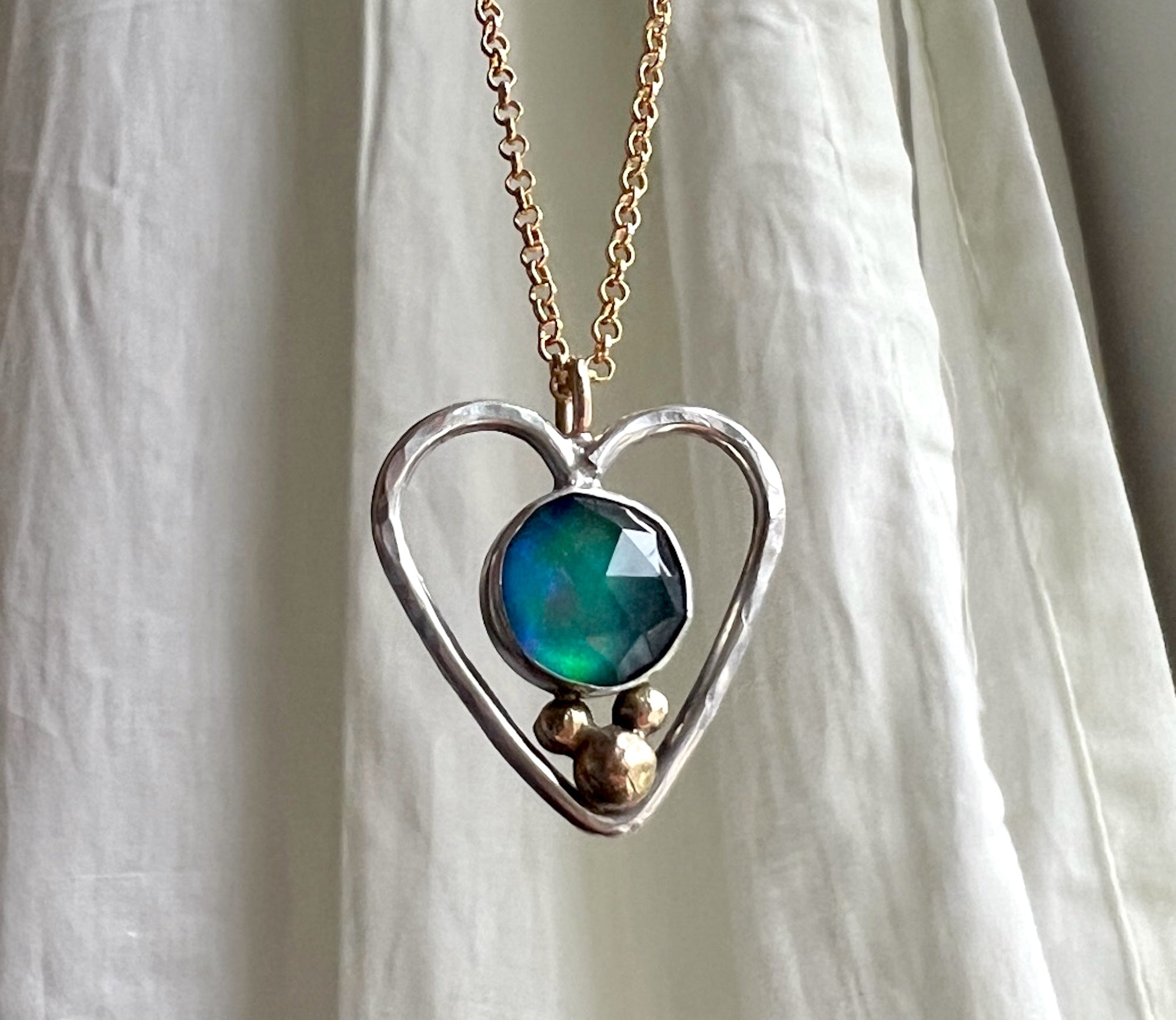 Queen Heart Pendant in 14k Gold and Sterling Silver with Blue Green Aurora Opal
