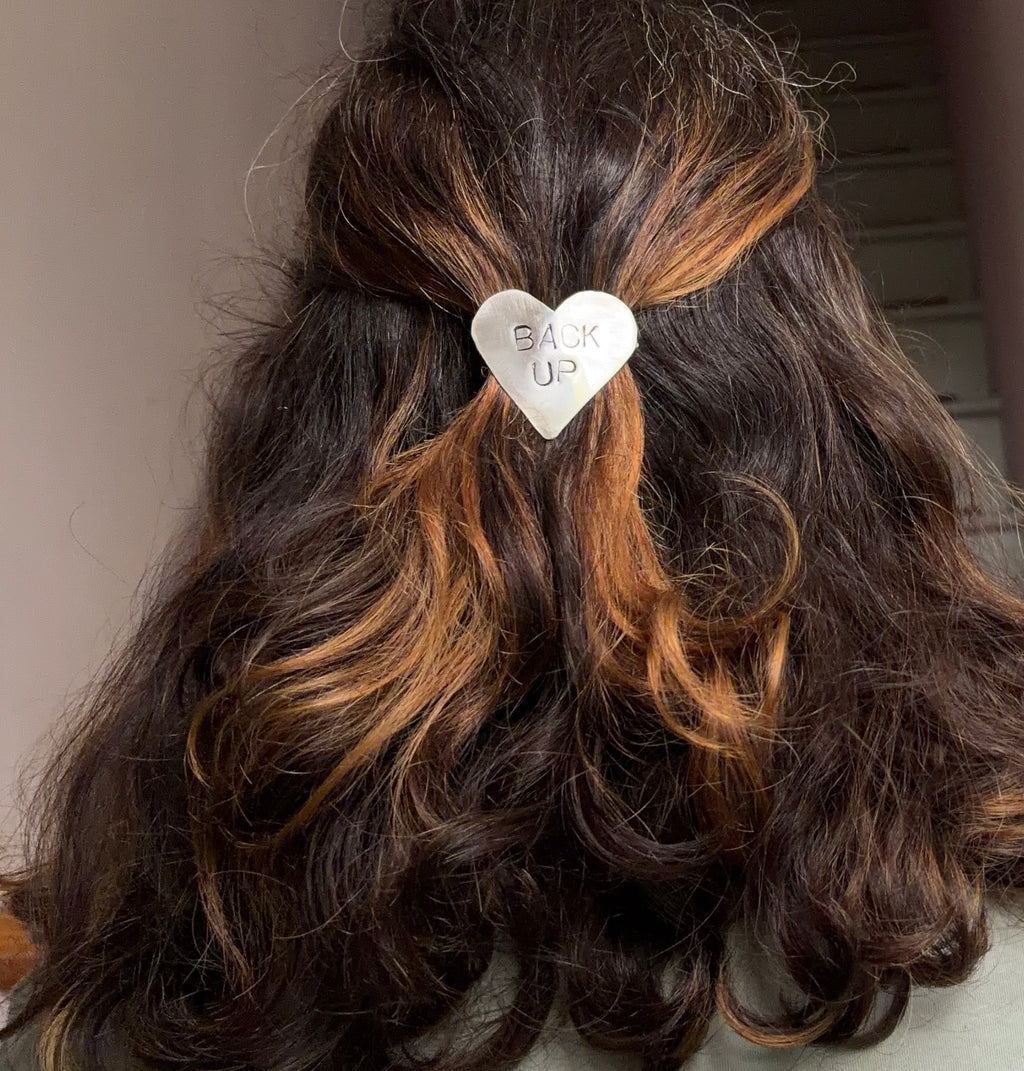 Sterling Silver Heart Barrette "Back Up" Personal Space Reminder Handmade