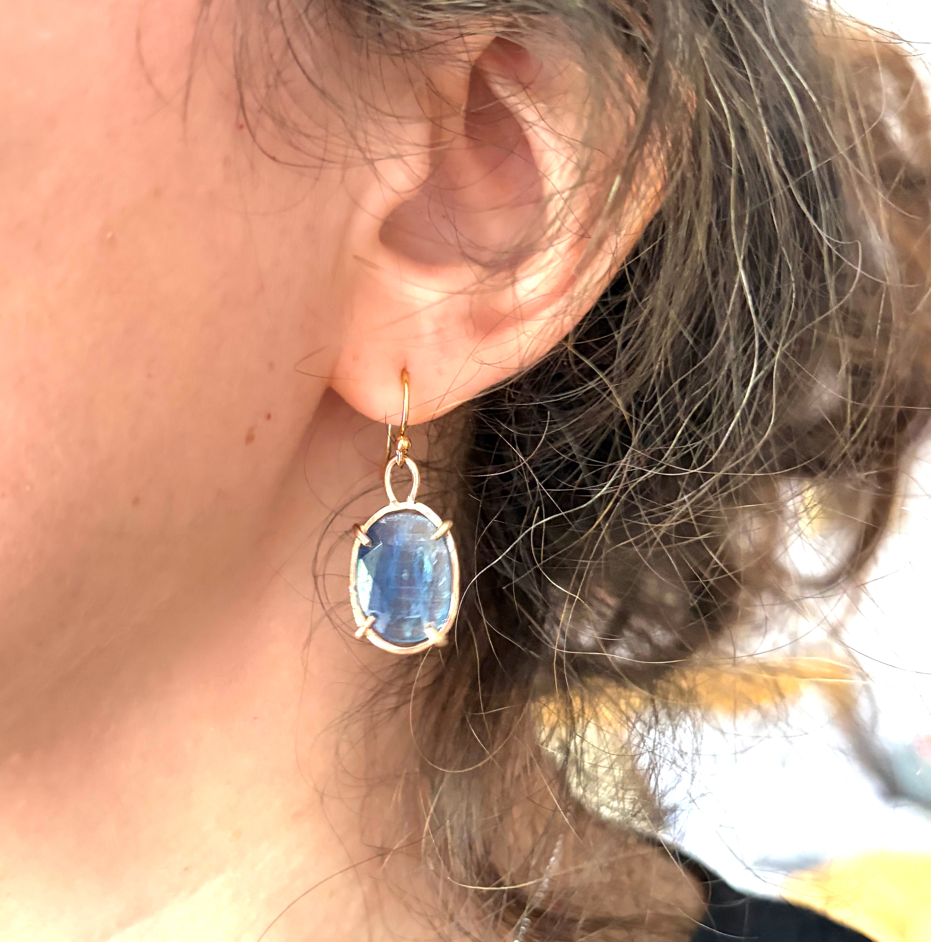 Striped Blue Kyanite Rosecut Dangle earrings in Open 14k Goldfilled Prongs