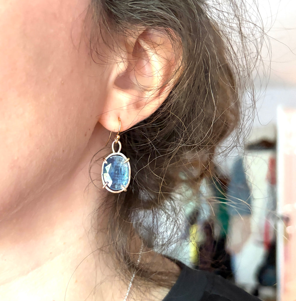 Striped Blue Kyanite Rosecut Dangle earrings in Open 14k Goldfilled Prongs