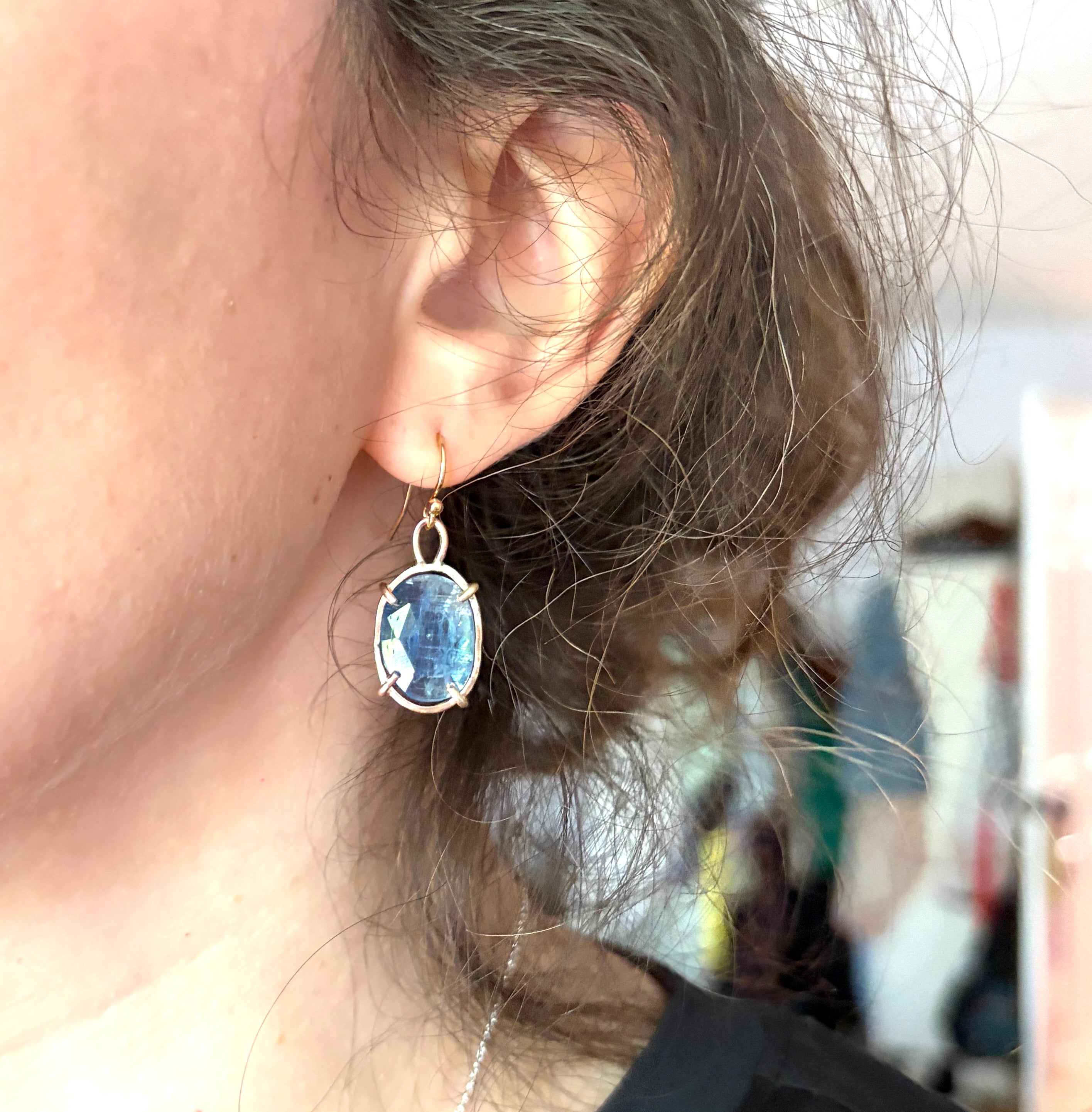 Striped Blue Kyanite Rosecut Dangle earrings in Open 14k Goldfilled Prongs