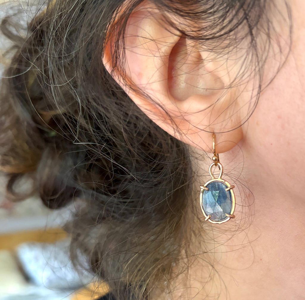 Striped Blue Kyanite Rosecut Dangle earrings in Open 14k Goldfilled Prongs
