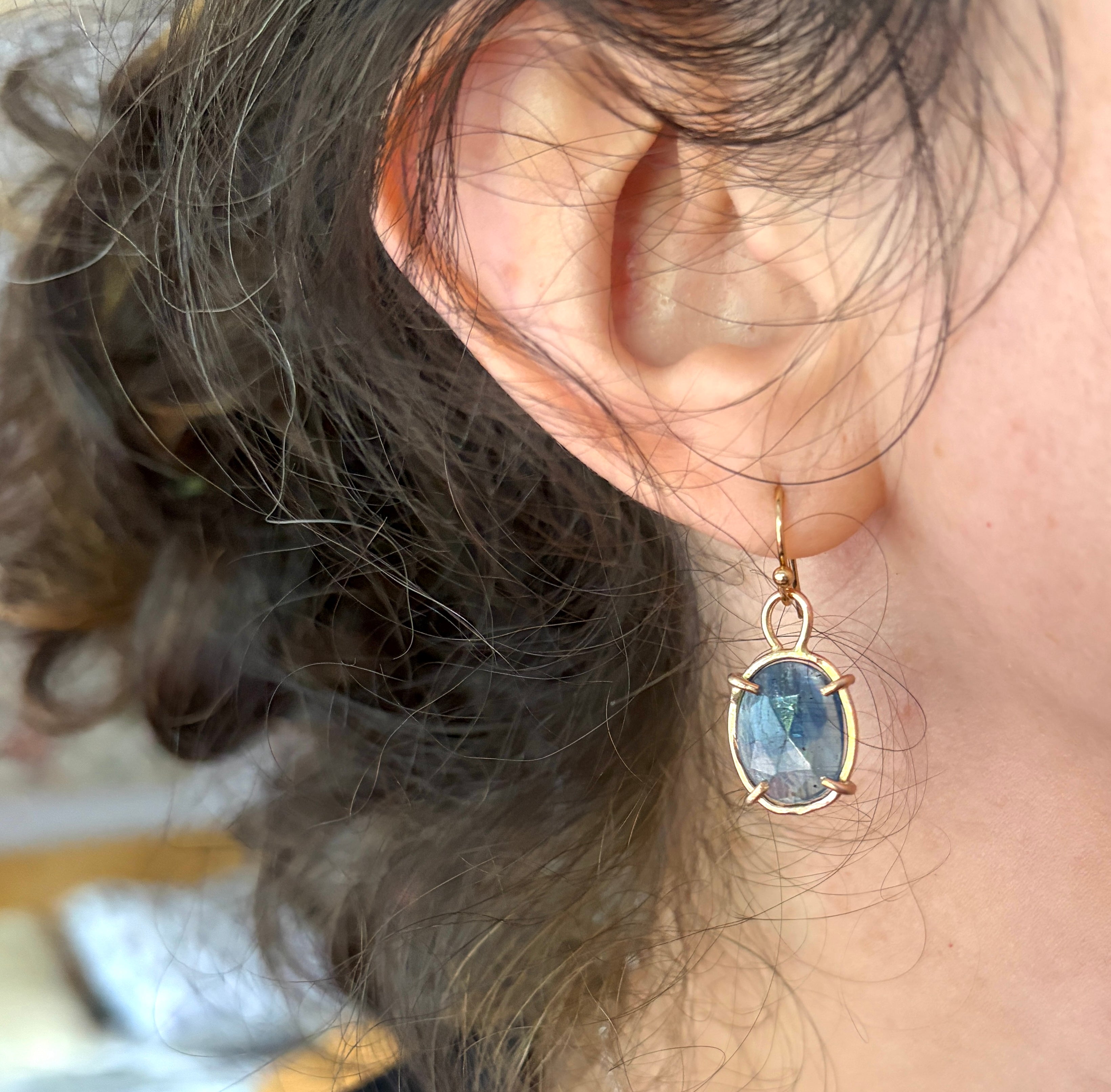Striped Blue Kyanite Rosecut Dangle earrings in Open 14k Goldfilled Prongs