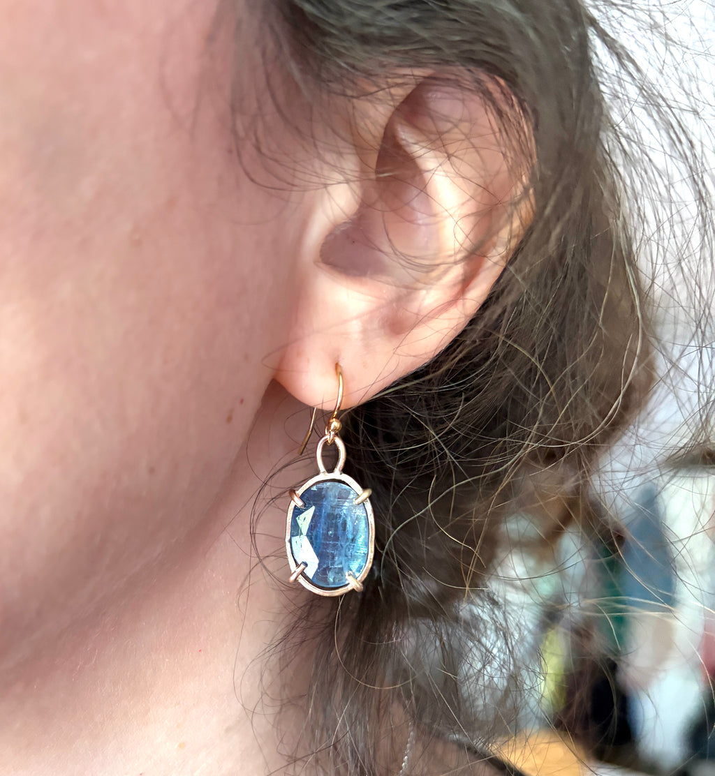 Striped Blue Kyanite Rosecut Dangle earrings in Open 14k Goldfilled Prongs