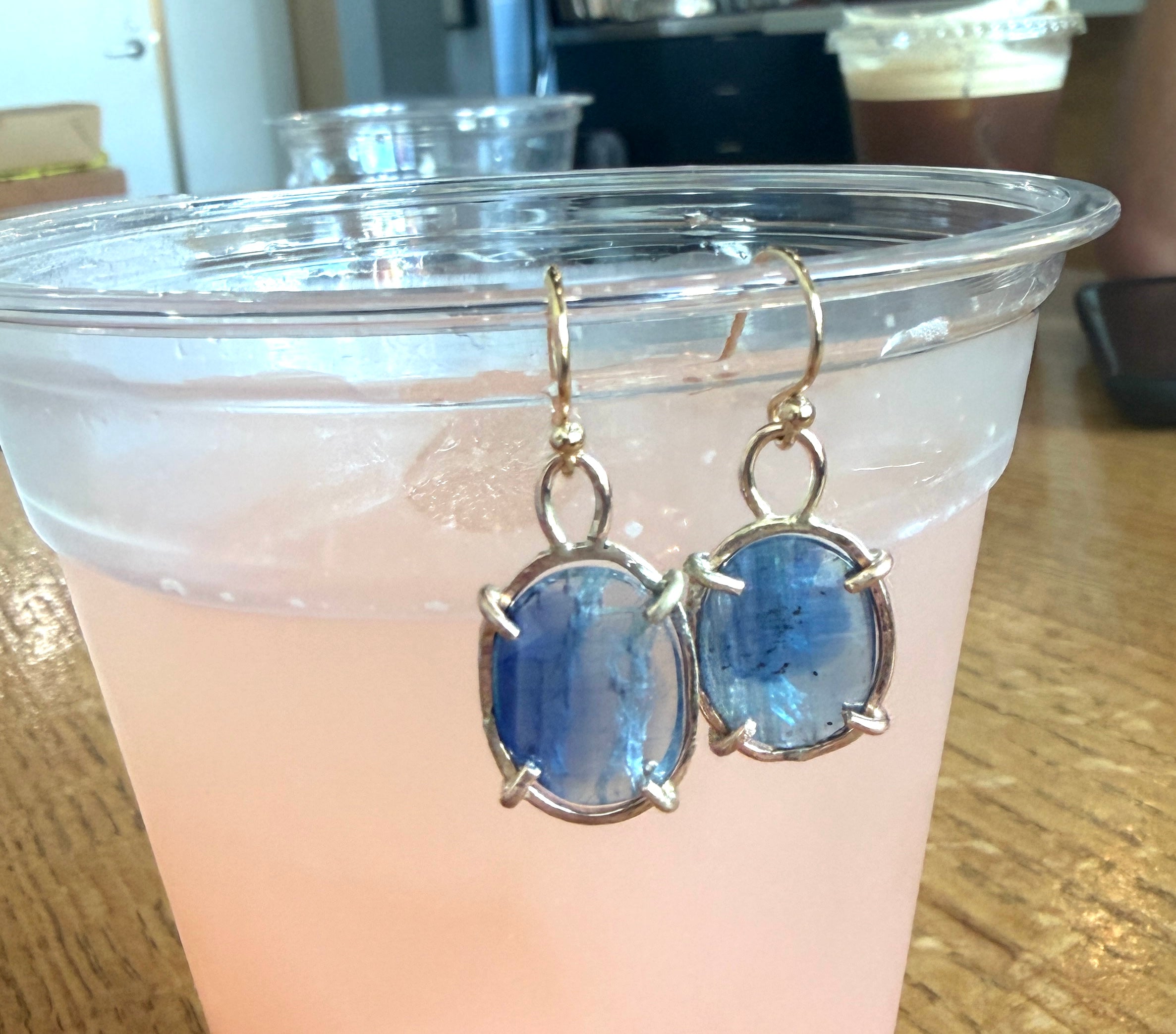 Striped Blue Kyanite Rosecut Dangle earrings in Open 14k Goldfilled Prongs