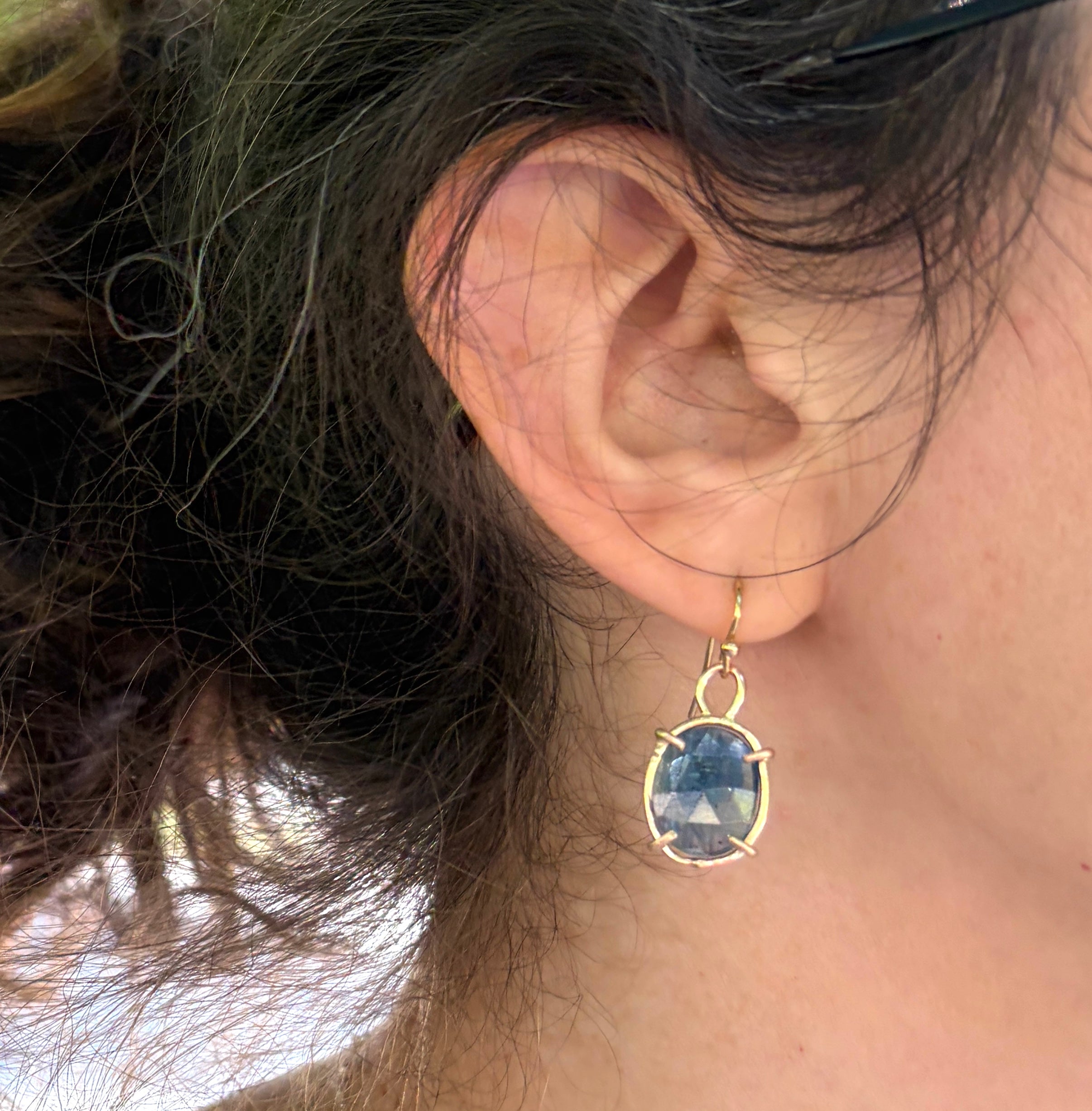Striped Blue Kyanite Rosecut Dangle earrings in Open 14k Goldfilled Prongs