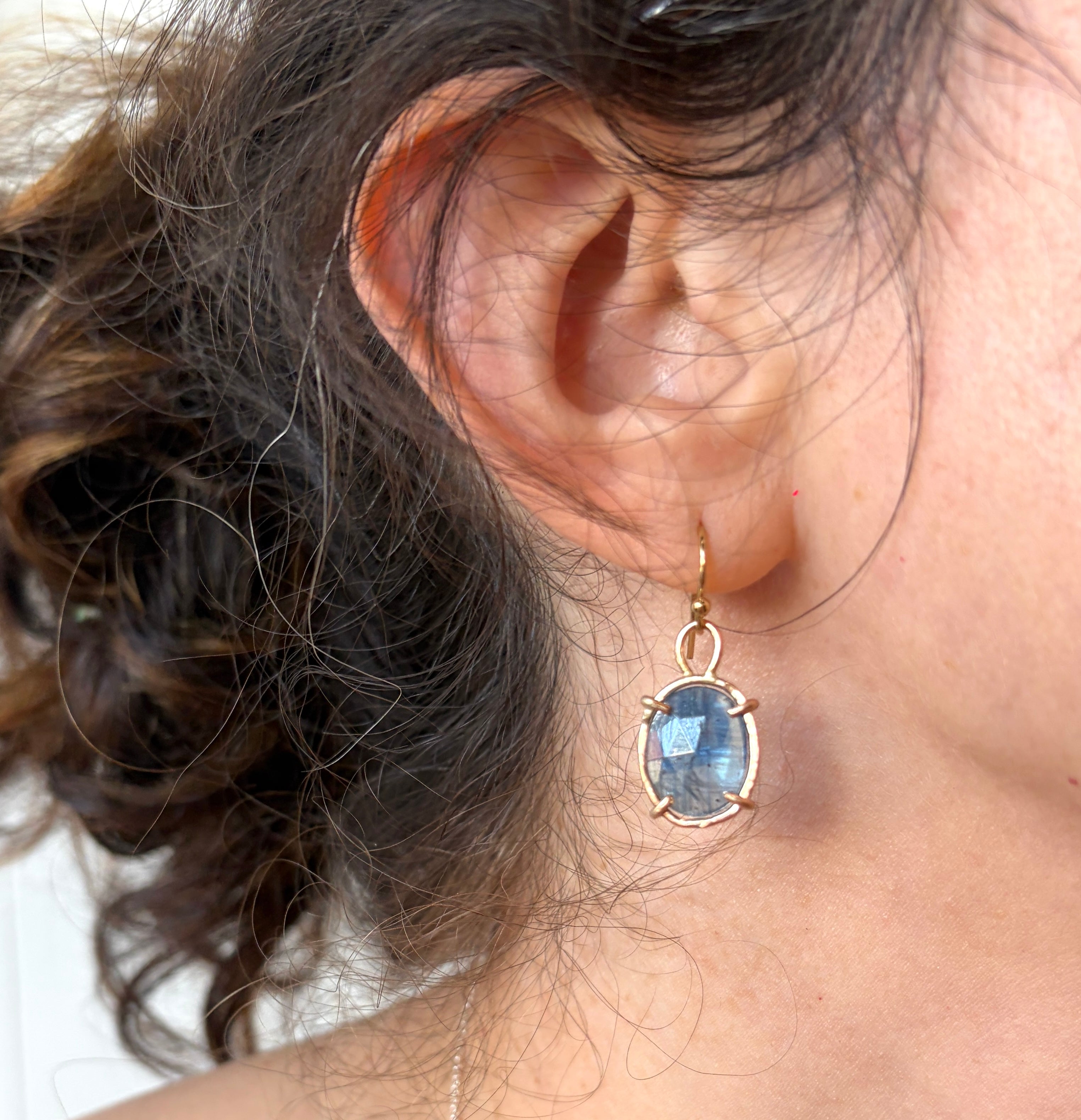 Striped Blue Kyanite Rosecut Dangle earrings in Open 14k Goldfilled Prongs