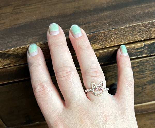 14k Gold Cat Ring with 3mm Pink Tourmaline Eyes in Sterling Silver Beaded Band Handmade Cat Ring One of a Kind Cat Lady Cat Lover Gift Kitty