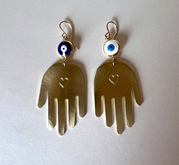 Brass Hand Earrings with Evil Eye