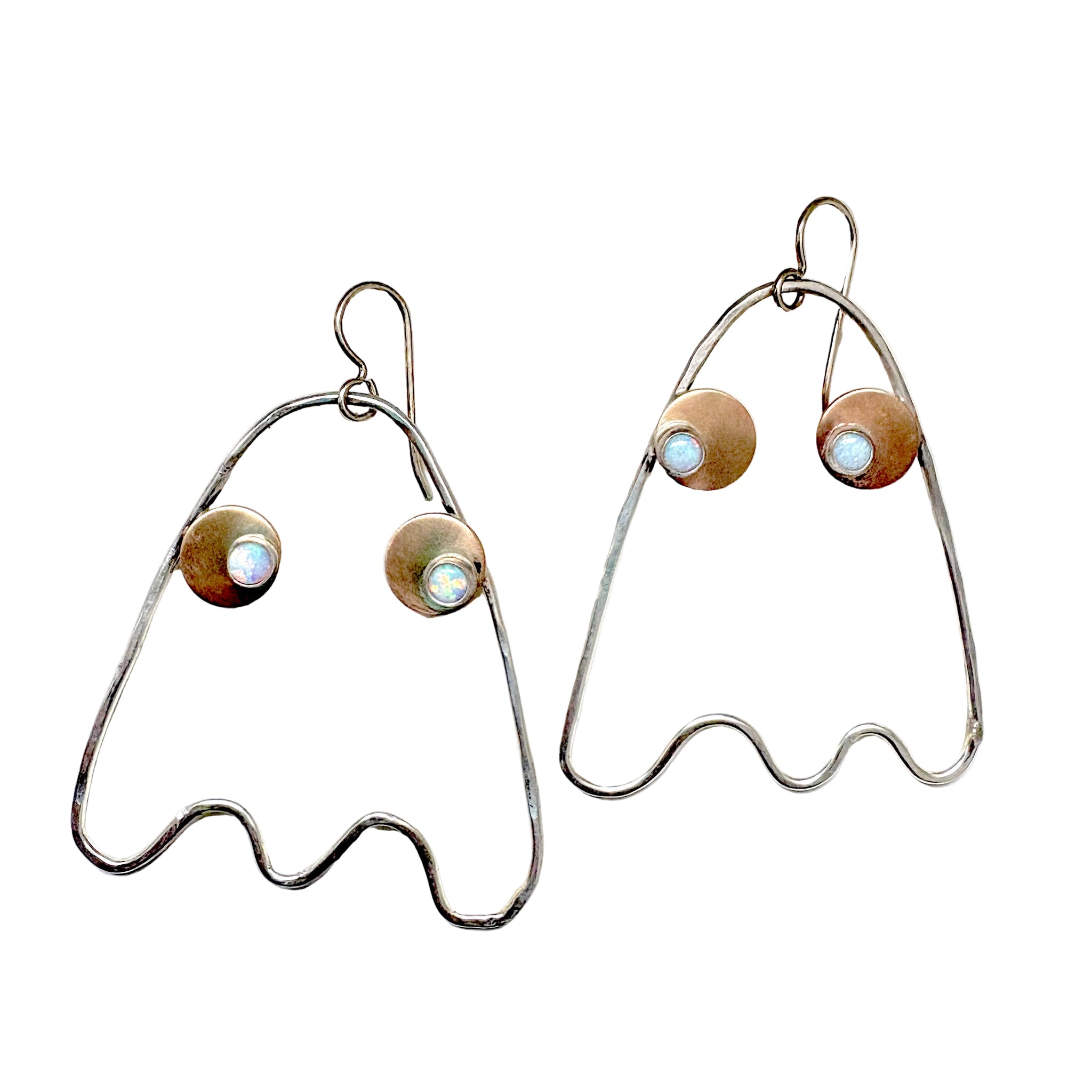 Big Ghost Dangle Earrings in Sterling Silver and 14k Goldfilled with Opal Eyes Handmade
