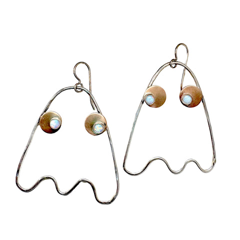 Big Ghost Dangle Earrings in Sterling Silver and 14k Goldfilled with Opal Eyes Handmade