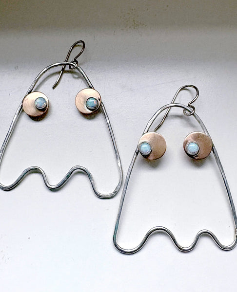 Big Ghost Dangle Earrings in Sterling Silver and 14k Goldfilled with Opal Eyes Handmade