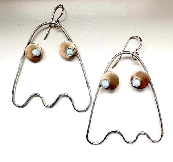 Big Ghost Dangle Earrings in Sterling Silver and 14k Goldfilled with Opal Eyes Handmade