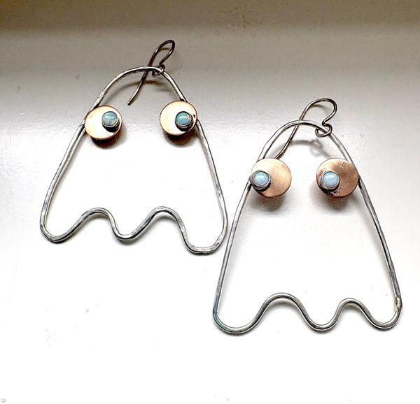 Big Ghost Dangle Earrings in Sterling Silver and 14k Goldfilled with Opal Eyes Handmade