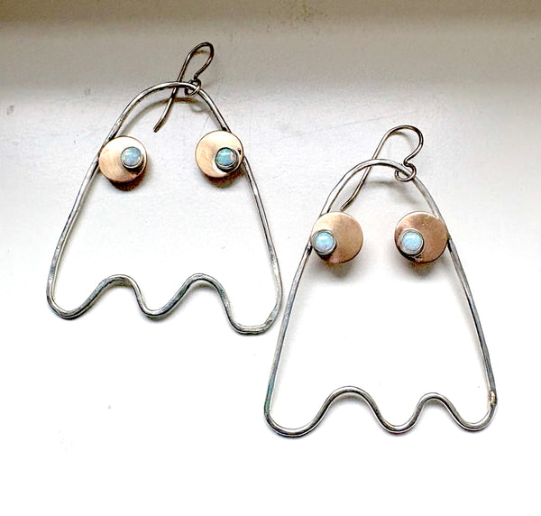 Big Ghost Dangle Earrings in Sterling Silver and 14k Goldfilled with Opal Eyes Handmade