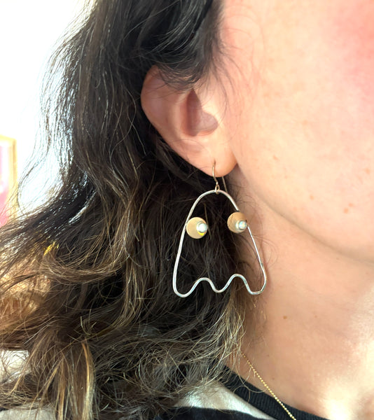 Big Ghost Dangle Earrings in Sterling Silver and 14k Goldfilled with Opal Eyes Handmade