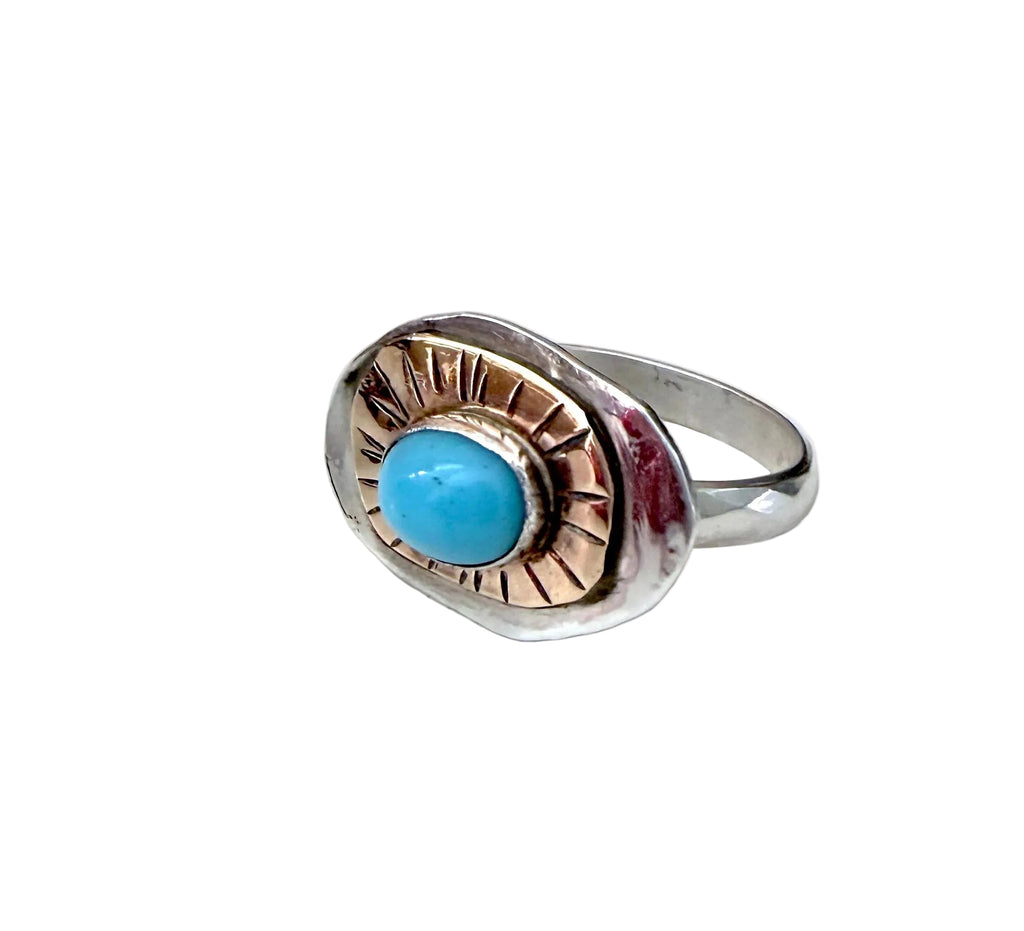 Topographic 2: Sterling and 14k Goldfilled Ring with vintage turquoise glass