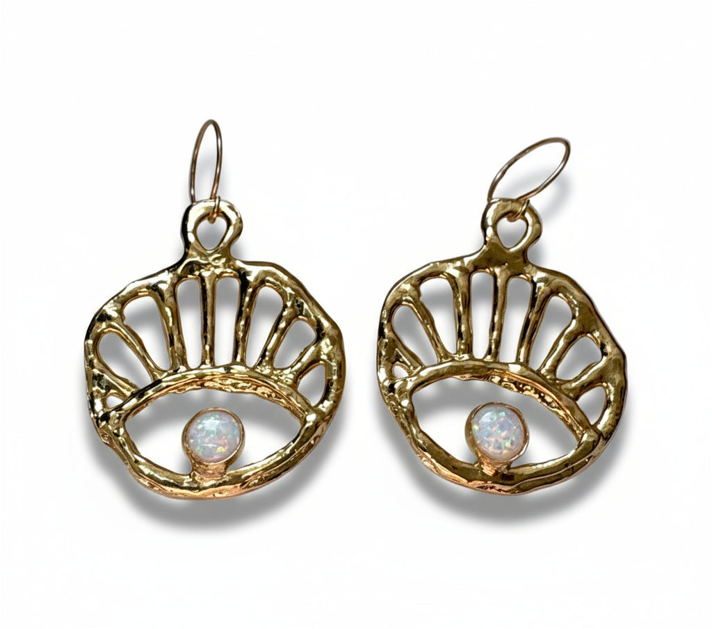 Opal Sun Rise Evil Eye Dangle Earrings in Silver or Gold