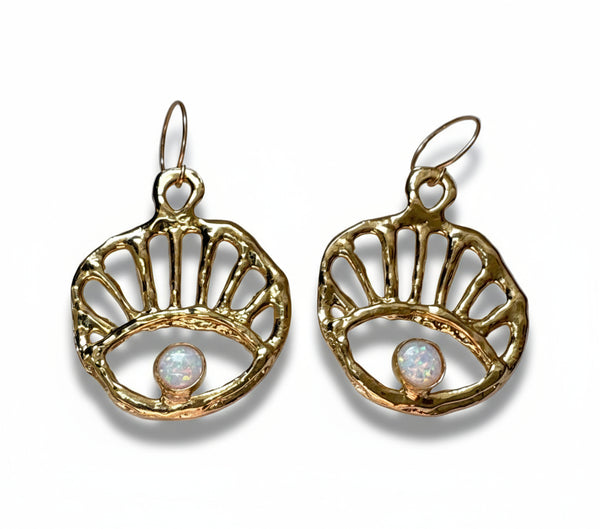 Opal Sun Rise Evil Eye Dangle Earrings in Silver or Gold
