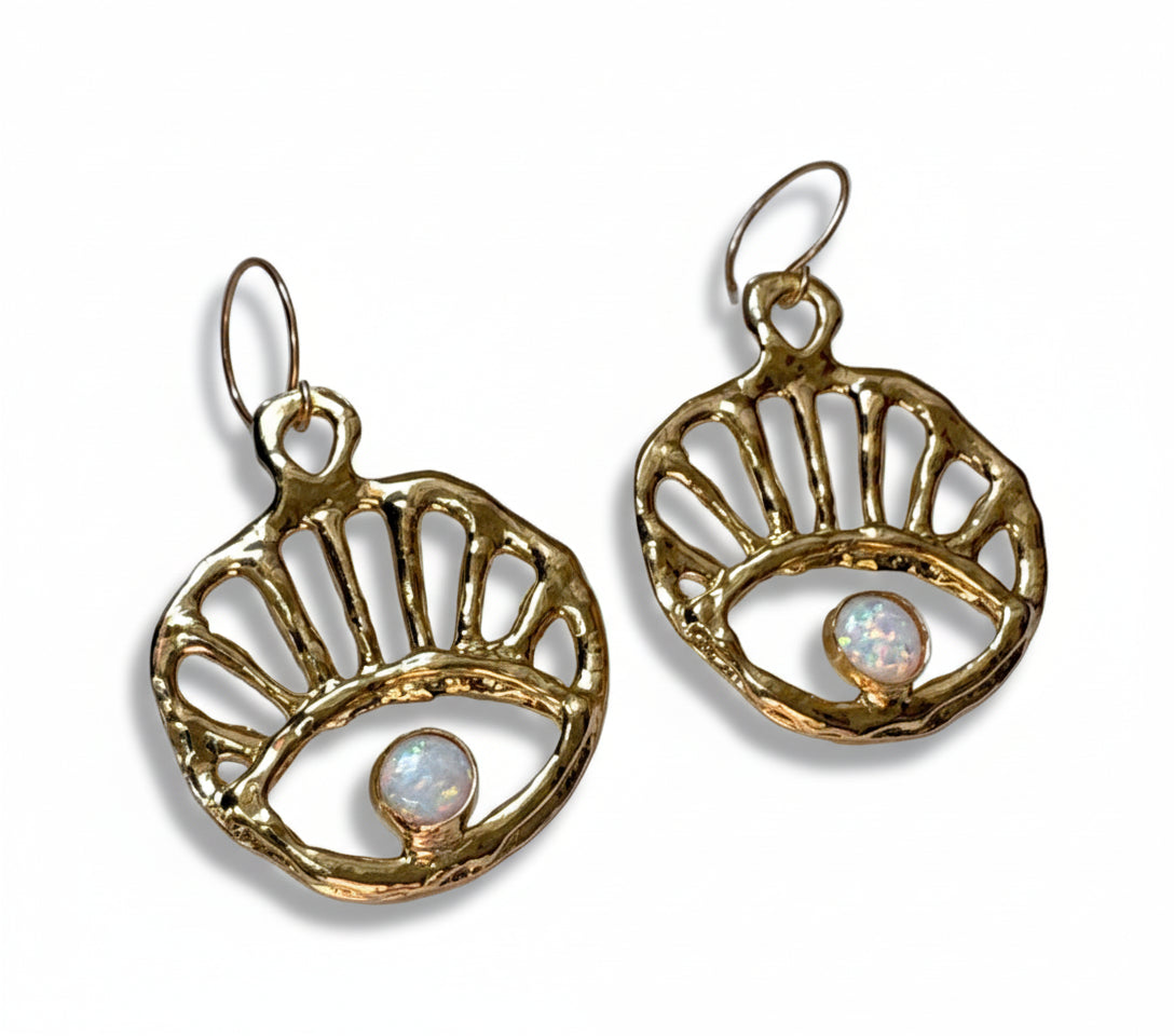 Opal Sun Rise Evil Eye Dangle Earrings in Silver or Gold