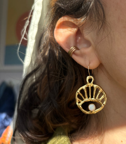 Opal Sun Rise Evil Eye Dangle Earrings in Silver or Gold