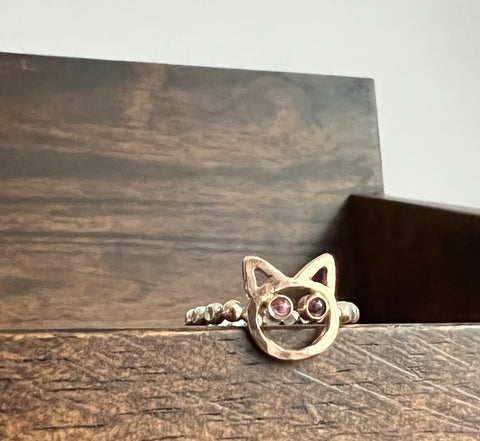 14k Gold Cat Ring with 3mm Pink Tourmaline Eyes in Sterling Silver Beaded Band Handmade Cat Ring One of a Kind Cat Lady Cat Lover Gift Kitty