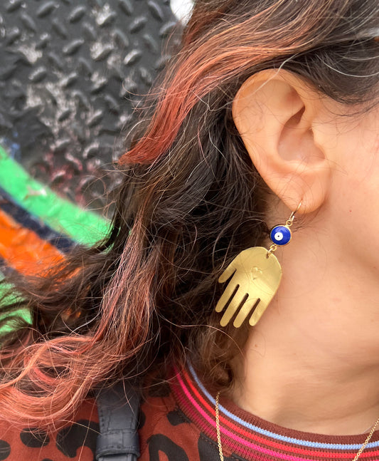 Brass Hand Earrings with Evil Eye