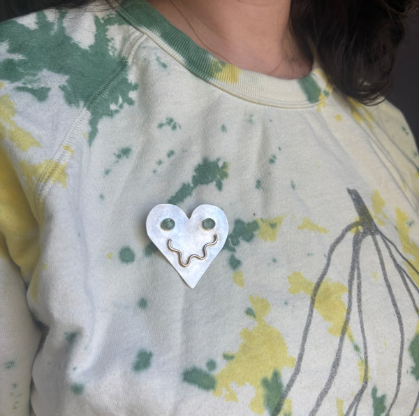 Smiley Heart Pin in Sterling with Emerald Eyes