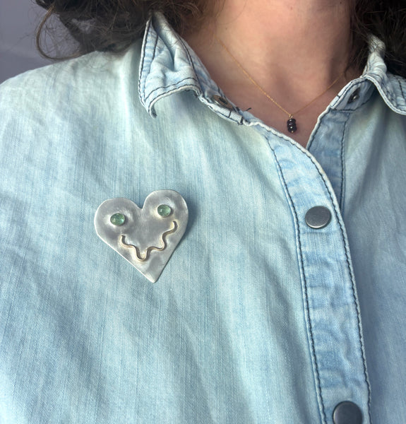 Smiley Heart Pin in Sterling with Emerald Eyes