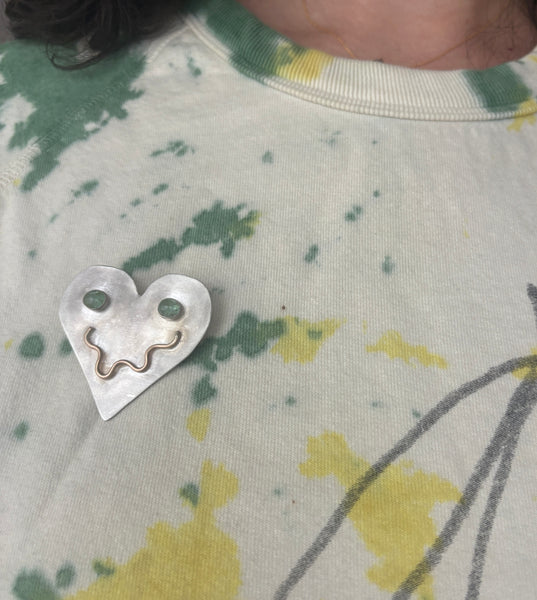 Smiley Heart Pin in Sterling with Emerald Eyes