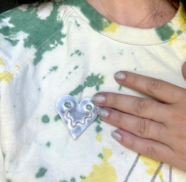 Smiley Heart Pin in Sterling with Emerald Eyes