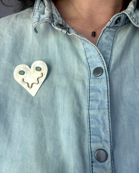 Smiley Heart Pin in Sterling with Emerald Eyes