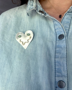 Smiley Heart Pin in Sterling with Emerald Eyes