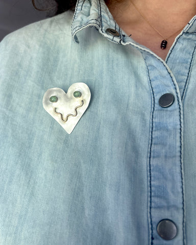 Smiley Heart Pin in Sterling with Emerald Eyes