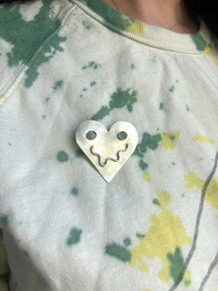 Smiley Heart Pin in Sterling with Emerald Eyes