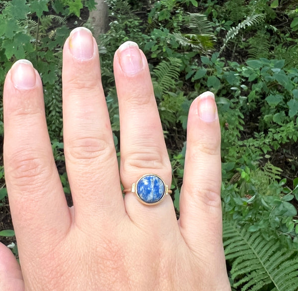 Chilean Lapis 14k Gold Bezel Ring Handmade and Handcut