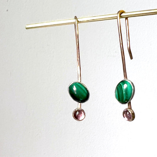 Malachite and Amethyst Hook Dangle Earrings