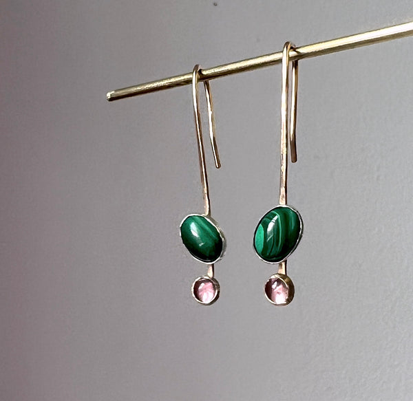 Malachite and Amethyst Hook Dangle Earrings