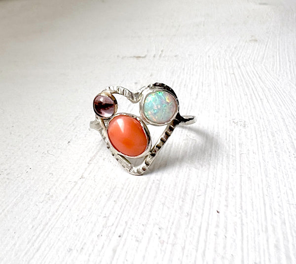 Multi Stone Heart Ring with Coral, Amethyst and Opal