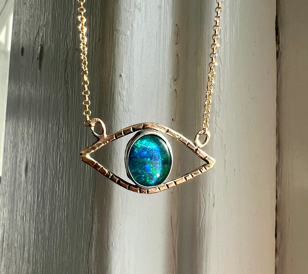 Opal Evil Eye Handmade Pendant in 14k Goldfilled wire