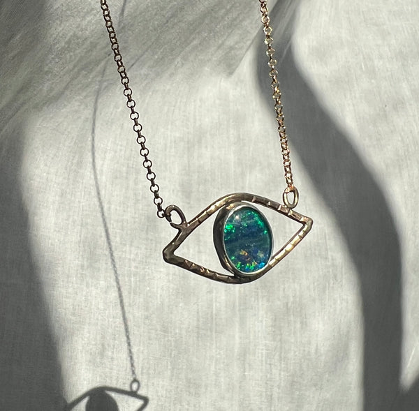 Opal Evil Eye Handmade Pendant in 14k Goldfilled wire