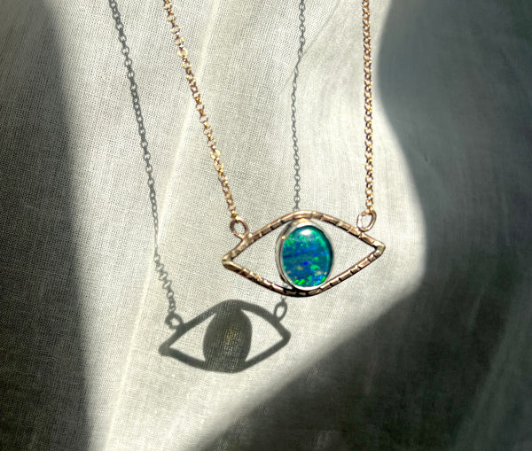 Opal Evil Eye Handmade Pendant in 14k Goldfilled wire